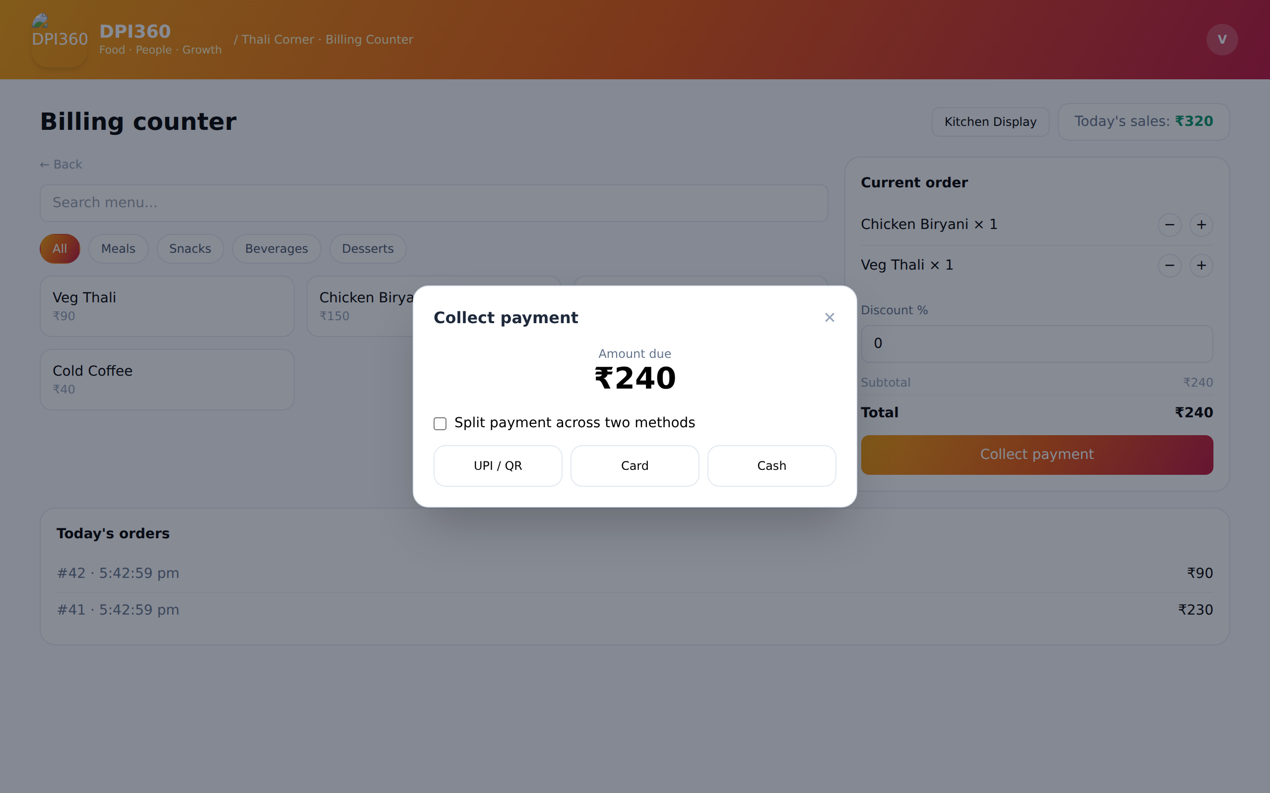 Real UPI and card payment at the billing counter